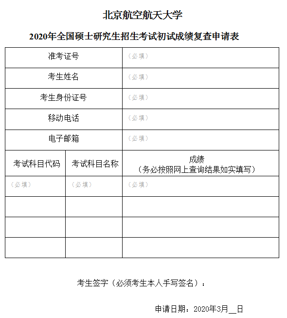 北京航空航天大學2020年全國碩士研究生招生考試初試成績復查申請表樣式